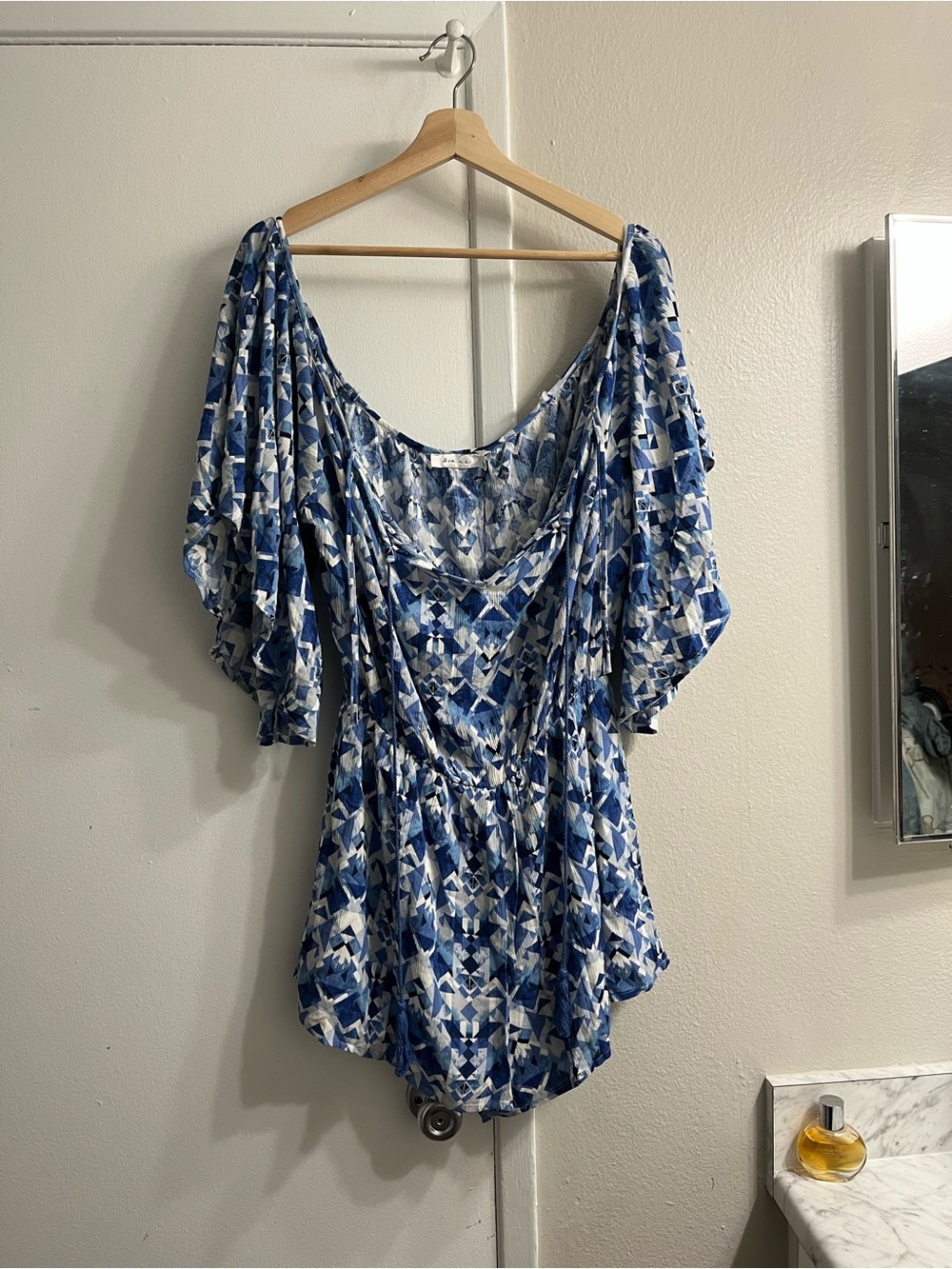 Blue & White Geometric Print Peasant Blouse